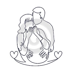 Continuous single drawn one line of enamored conjugal pregnant couple drawn by hand picture silhouette. Line art photo