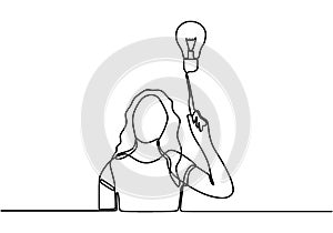 Continuous single drawn one line hand pointing a light bulb. Young girl thinking and finding solution. Idea and creativity symbol