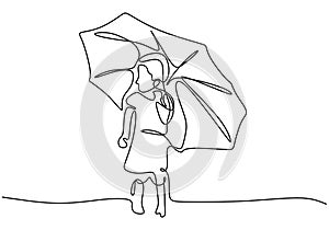 Continuous single drawn one line of little girl with umbrella. The kid walks on roadside holding umbrella in rain isolated on