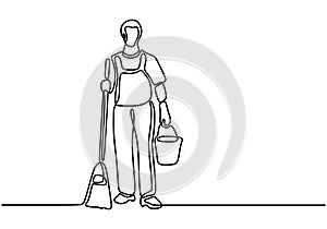 Continuous single drawn one line man cleaner while holding broom and bucket. Male cleaning floor office. Cleaning service