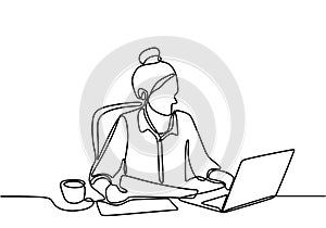 Continuous single drawn one line of woman with laptop. A young girl sitting and focus on her computer while typing on the keyboard