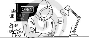 Continuous single line drawing of computer hacker stereotype, line art vector illustration