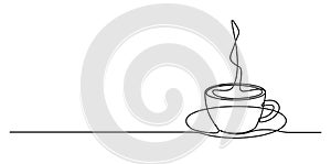 continuous single line drawing of cup of steaming hot coffee