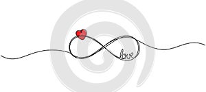 continuous single line drawing of infinity symbol with word LOVE and heart shape