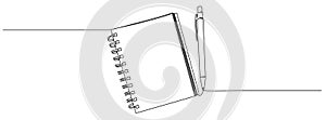 continuous single line drawing of spiral notepad and pen