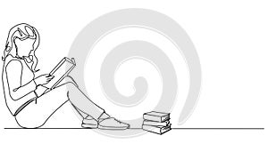 continuous single line drawing of woman sitting on floor reading a book