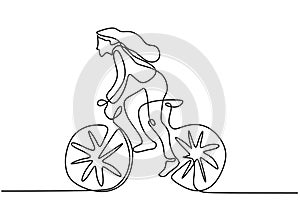 Continuous single line drawing of young girl bicycle racer focus train her skill on the street. Road cyclist concept. Character