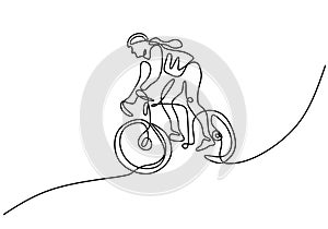 Continuous single line drawing of young girl bicycle racer focus train her skill on the street. Road cyclist concept. Character