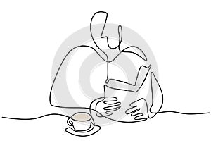 Continuous single line drawing of young man read a book with a cup of coffee on the table isolated on white background. Drinking