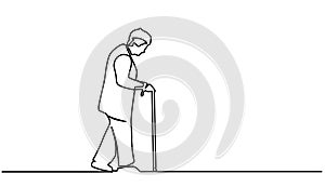 Continuous single unmarked one line old retired hand drawn picture silhouette. Line art. Old man walking with a cane