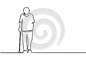 Continuous single unmarked one line old retired hand drawn picture silhouette. Line art. Old man walking with a cane