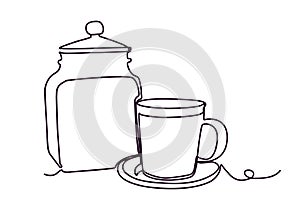 Continuous thin line coffee cup vector illustration, minimalist sketch doodle for cafe. One line teacup art icon