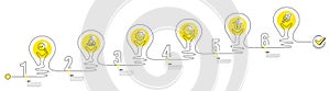 Continuous timeline with lamp light bulbs and icons. 6 steps idea journey path of business project process. Vector