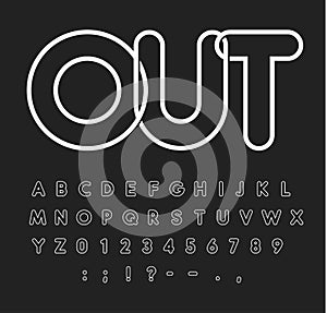 Contour alphabet, white letters on black background, outline style, modern typeface design, vector font template