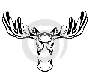 Contour black silhouette of a moose head with antlers front view with hatching. Wild mammal. Vector outline illustration