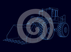 Contour of the bulldozer from the blue lines on a dark background. Vector illustration