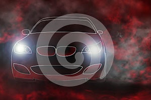 The contour of the car on a dark background. Abstract illustration of a car. Car and smoke