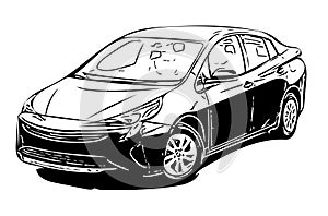 contour car sketch on isolated background. Monochrome outline drawing of sedan auto