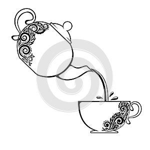 The contour of Cup and teapot with floral element. photo