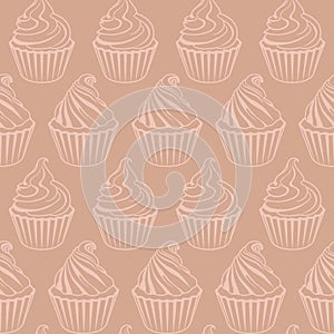 Contour cupcakes with whipped cream on brown background. Seamless vector pattern in pastel colores