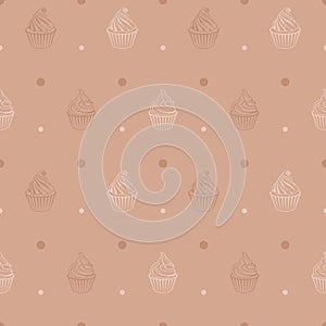 Contour cupcakes with whipped cream on brown background. Seamless vector pattern in pastel colores
