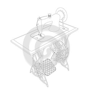 The contour of a decorative vintage sewing machine made of black lines on a white background. Manual sewing machine with