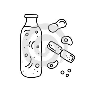 Contour doodle bottle with bacteria. Cartoon illustration of fermented milk drinks on white background. Hand drawn isolated vector