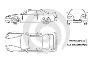 Contour drawing of the car on a white background. Top, front and side view. The vehicle in outline style