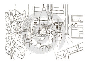 Contour drawing of cozy dining or living room furnished in trendy Scandic hygge style with table, chairs, couch. Lounge