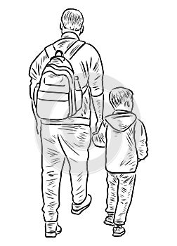 Contour drawing of father with his little son walking for a stroll together