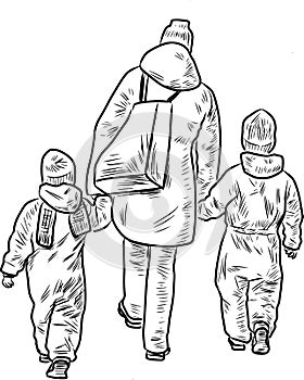 Contour drawing of mother with her little children walking outdoors