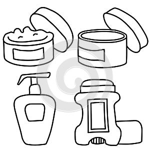 Contour drawings of cosmetics for the body. Cream, jar with an open skin care product, tonic and deodorant. Line vector