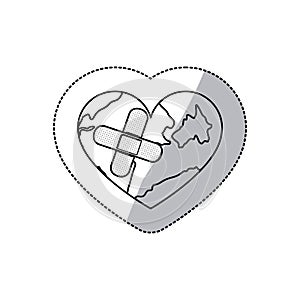 contour earth planet heart with band aid icon