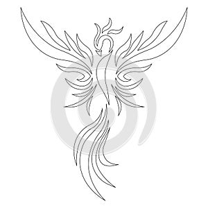 Contour of a Firebird anti-stress coloring drawn by various lines in a flat style. Sketch for tattoo, phoenix logo, emblem