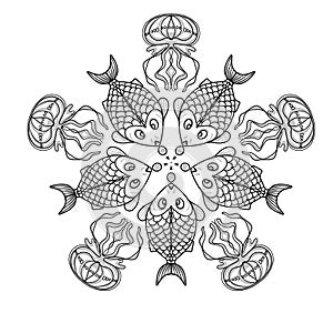 Symmetrical pattern with fish and jellyfish