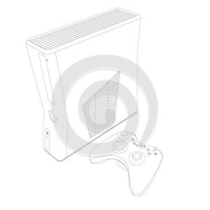 Contour of a game console with a remote control from black lines isolated on a white background. Isometric view. Vector photo