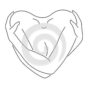 The contour of a girl in the form of a heart hugging herself in a linear style. The concept of self-love, narcissism