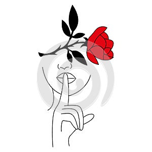 Contour of the girl with a hand gesture shows quieter, instead of eyes a red rose. Minimalism style. Suitable for decoration
