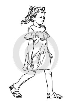 Contour hand drawing of one cute little girl in smart dress striding outdoors on summer day, vector illustration isolated on
