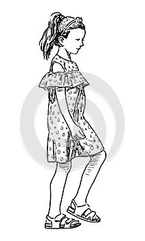 Contour hand drawing of one cute little girl in smart dress walking outdoors on summer day, vector illustration isolated on white