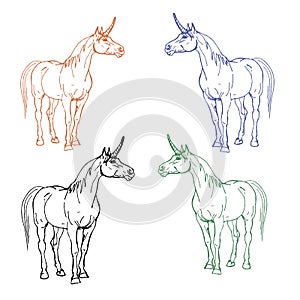 Contour hand drawings of unicorns