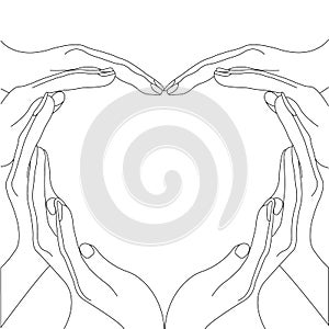 Contour hand gesture with two pairs of people showing the shape of a heart inside you can add text. Design for logos, tattoos
