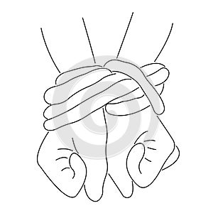 The contour of the hands tied with a rope on the wrist. Hopelessness concept, symbol of slavery