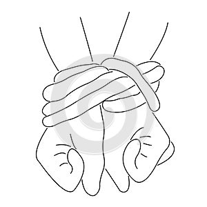 The contour of the hands tied with a rope on the wrist. Hopelessness concept, symbol of slavery photo