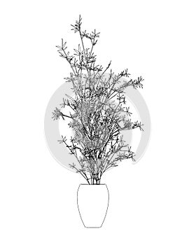 Contour home flower with long stem and leaves in a pot of black lines isolated on white background. Vector illustration