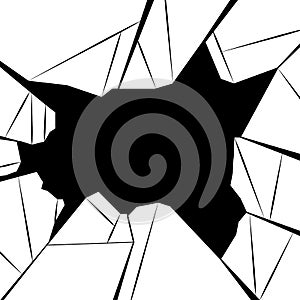 Contour illustration of broken glass with black background. Vandalism and hooliganism. Trusted window. Vector black and white