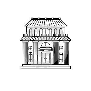 Contour illustration of the facade of the museum building. Historic building with columns. Vector black and white outline object