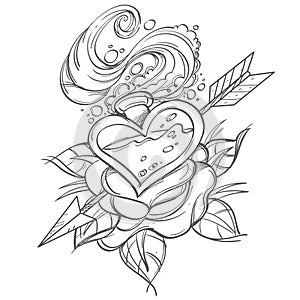 Contour illustration with a glass bubble in the shape of a heart, rose and arrow. A sketch of a tattoo