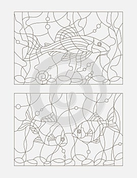 Contour illustration of stained glass, aquarium fish