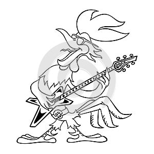 Contour image of a cheerful cockerel with a guitar isolated on white. Cartoon rooster performs rock music. Vector image. Cartoon